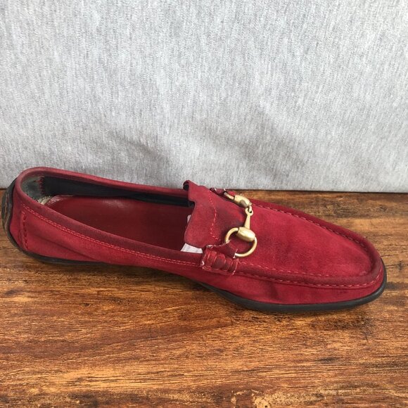Gucci Women's SZ 10.5 B Red Wine Suede Slip On Driving Loafers Horsebit  Shoes - Picture 7 of 11